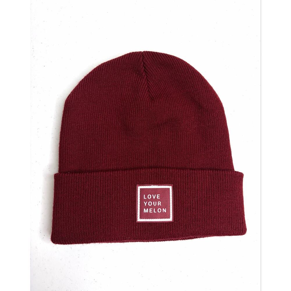 Love Your Melon Knit Cuffed Beanie Burgundy Logo Patch Cozy Cabincore Gorpcore